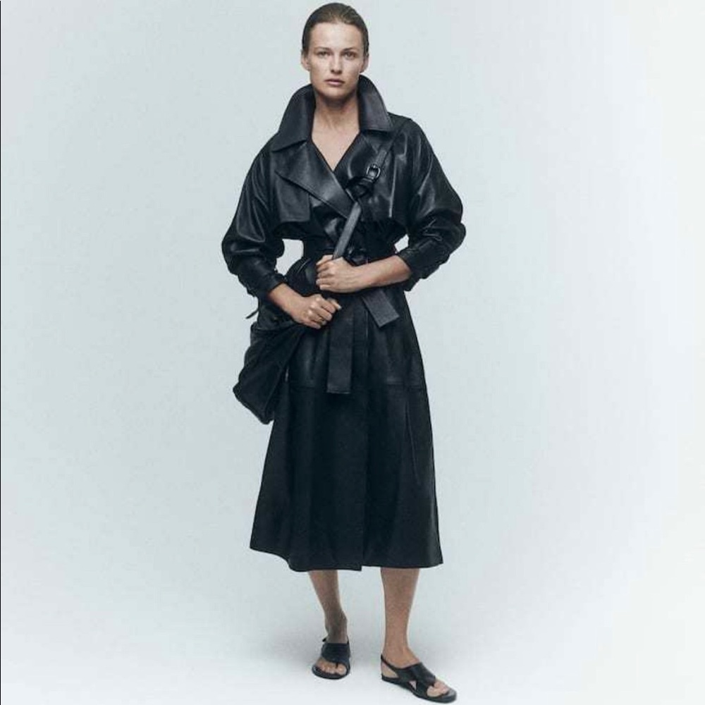Massimo Dutti Black Genuine Leather Trench Coat Belted NWT Size L